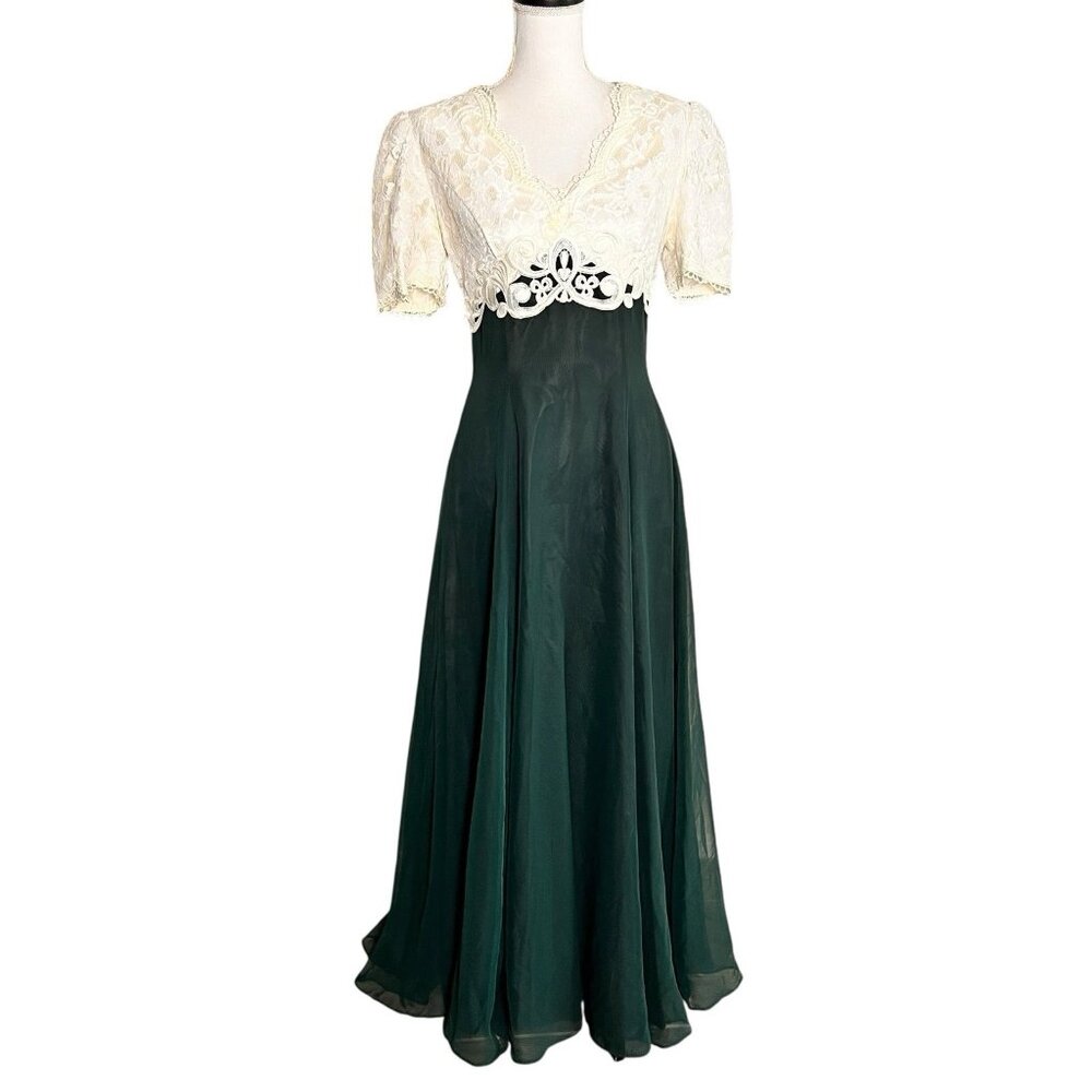 Vintage 80s Lace Bodice Emerald Green Chiffon Maxi Dress Evening Medium USA Made